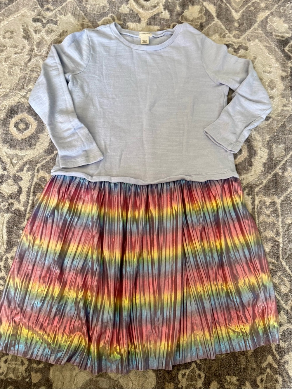 Girls Crewcuts Rainbow Pleated Skirt Dress with sweatshirt top.